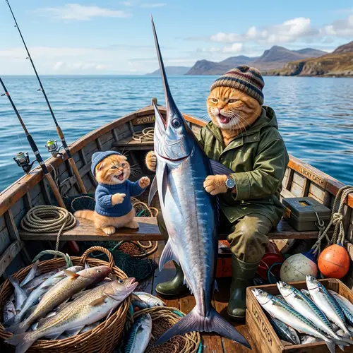 Ginger Scottish Cats Fishing in a Boat | Realistic & Aesthetic Scene