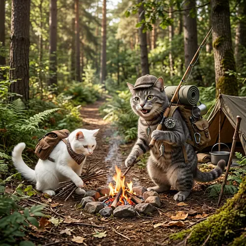 Jovial Grey Tomcat Adventure in the Forest with White Female Cat