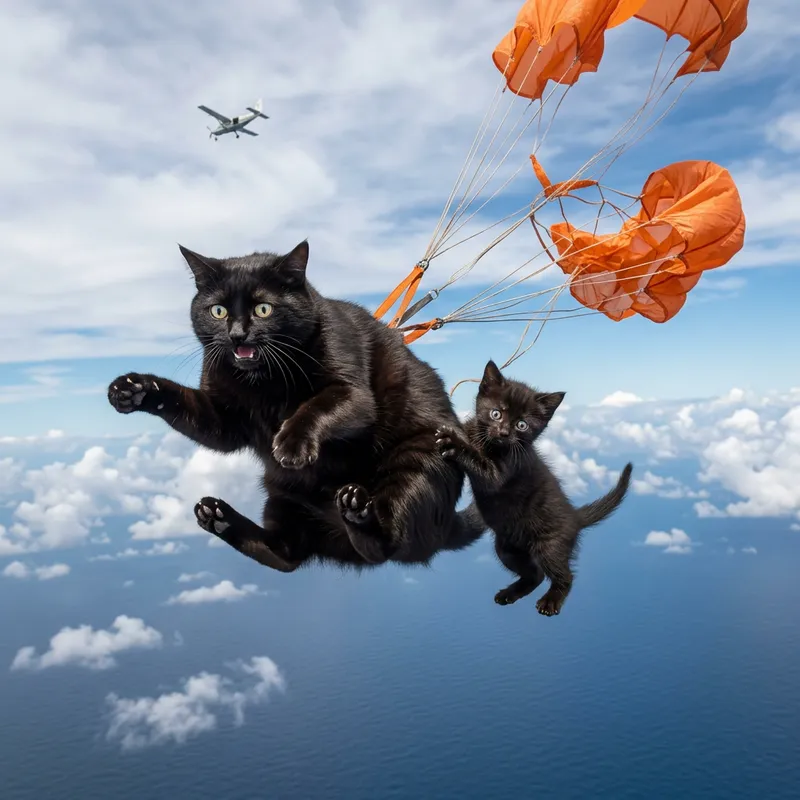Chubby Black Cat and Kitten Parachute Mishap Chubby Black Cat and Kitten Parachute Mishap