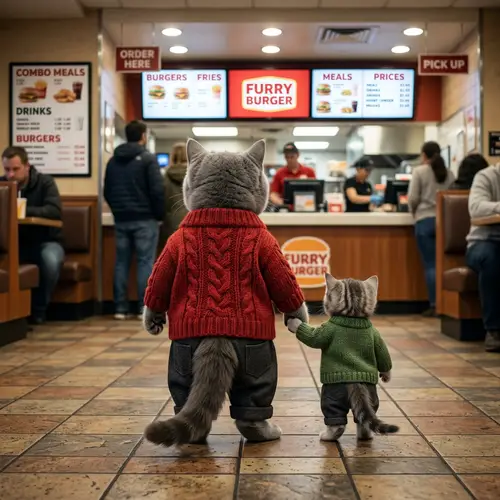 Realistic Grey British Cat and Kitten in Sweaters at Fast-Food Restaurant