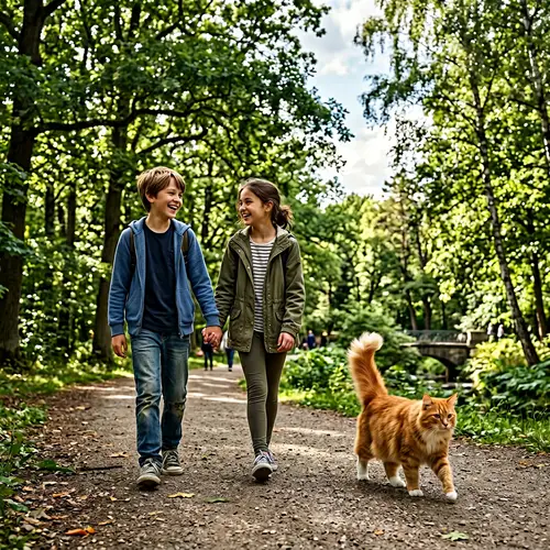 Ginger Cat Majestically Walking After 12-Year-Old Boy in Park