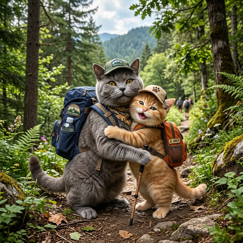 Real Life Grey Cat and Ginger Kitten Hiking Adventure