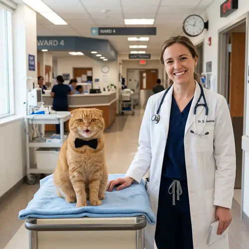 Beautiful Scottish Fold Redhead Cat with Black Bow Tie in Hospital Setting