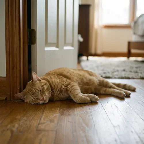 Realistic Ginger Cat Lying Near Bedroom Entrance