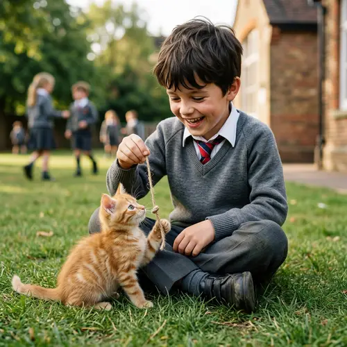 8-Year-Old Boy Playing with Ginger Kitten - Realistic High-Resolution Image