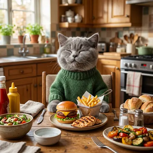 Realistic British Kitten in Green Sweater Eating