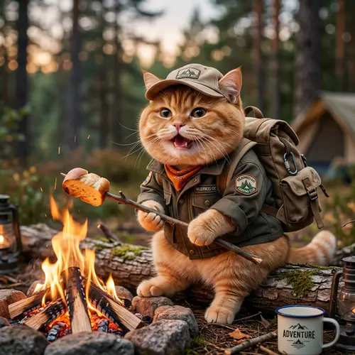 Realistic British Ginger Cat Toasting Bread by Campfire