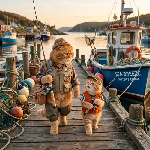 Father & Son Scottish Fold Cats Fishing | Joyful Stroll by the Dock