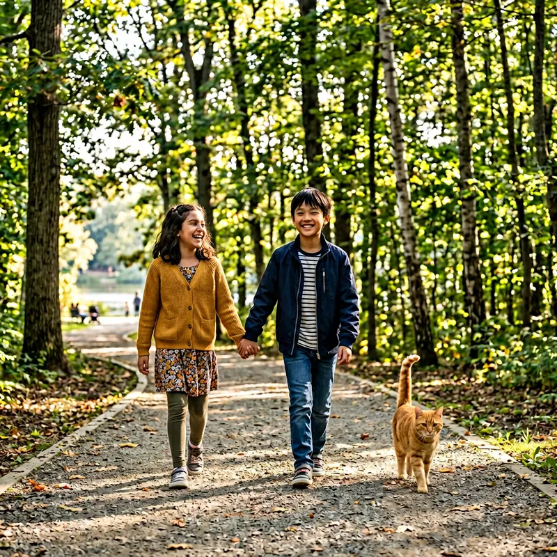 Realistic Portrait of Two 12-Year-Olds Walking in Park with Ginger Cat
