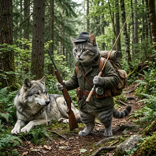 Adventurous Grey Cat with Rifle and Wolf in Forest