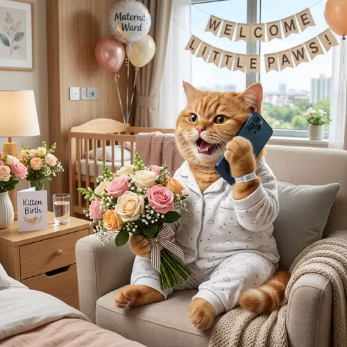 Charming Ginger British Shorthair Cat with Bouquet of Roses Talking on Cell Phone