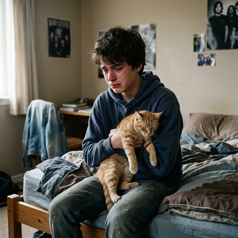 Touching Scene: 17-Year-Old Boy Grieving with Lifeless Cat