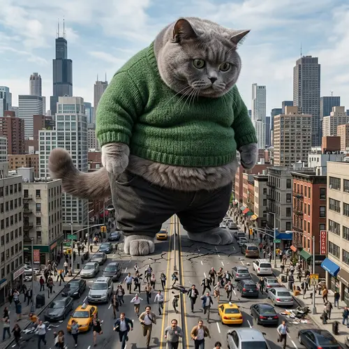 Massively Overweight Grey British Cat in Realistic City Setting