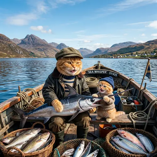 Ginger Scottish Cat and Kitten Fishing | Realistic Art Style