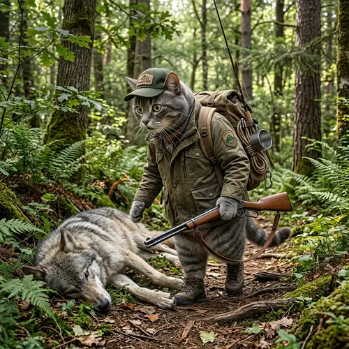 Realistic Grey Tomcat in Hiker's Attire with Rifle in Forest