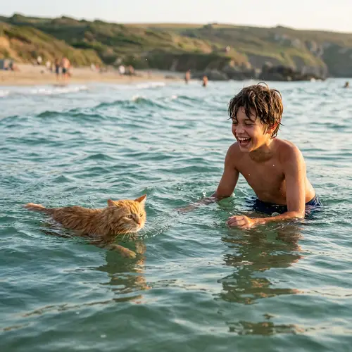 Ginger Cat Swimming with 12-Year-Old Boy in Realistic Scene