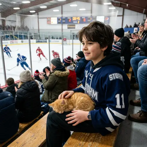 Professional Photo of Handsome Boy Watching Hockey with Orange Kitten