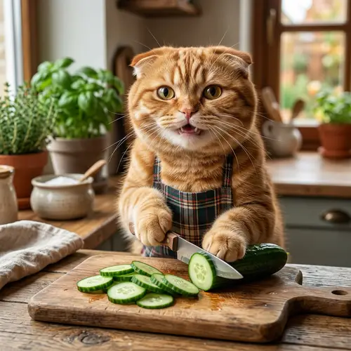 Charming Scottish Ginger Cat Slicing Cucumbers | Realism, Hyperrealism, Photorealism