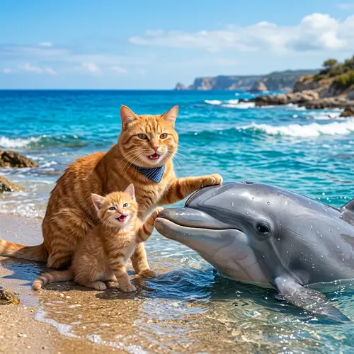 Ginger Cat and Kitten Petting Dolphin by the Sea