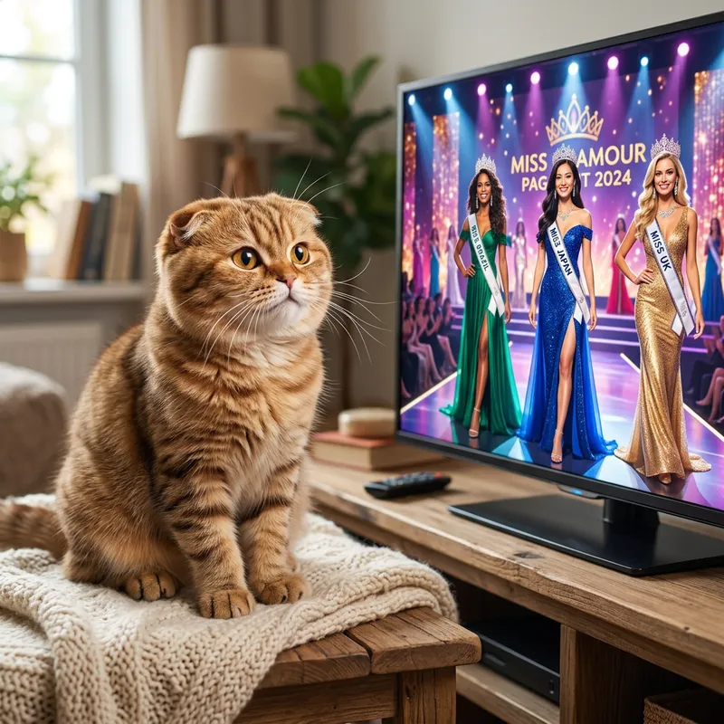 Adorable Ginger Scottish Fold Cat Watching Beauty Contest on TV | Realism & Joy