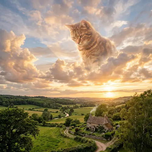Hyperrealistic Cat Gazing Down at Old Home in Breathtaking Sky Scene