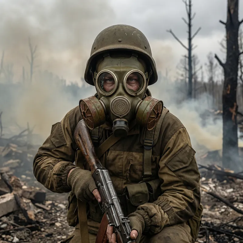 Desperate Fighter in Wartime with Gasmask Desperate Fighter in Wartime with Gasmask