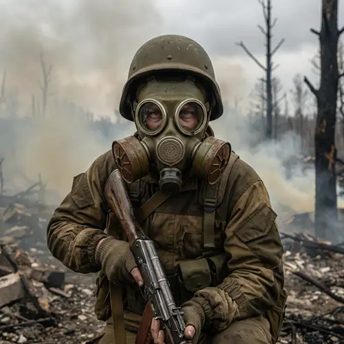 Desperate Fighter in Wartime with Gasmask