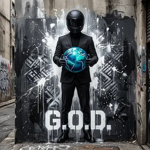 Mysterious Figure Holding Earth: G.O.D. Artwork