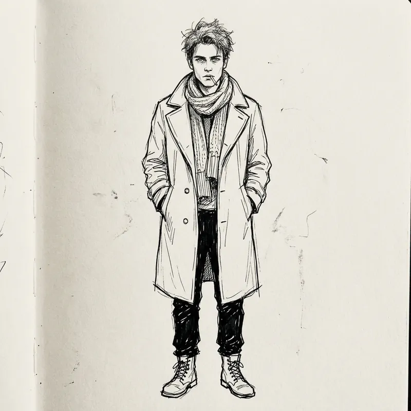Young Man in Coat and Scarf Sketch - Fine Line Art