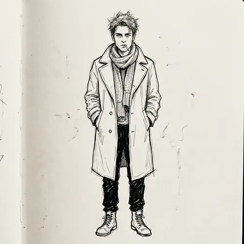 Young Man in Coat and Scarf Sketch - Fine Line Art
