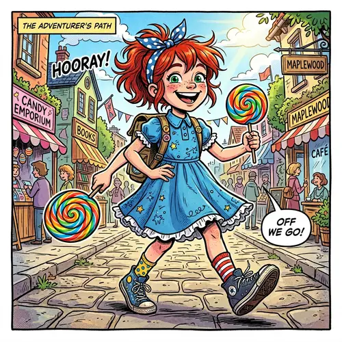 Cheeky Comic Book Girl Character with Red Hair and Lollipop