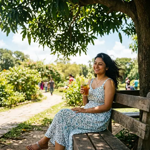 Refreshed South Asian Woman Enjoying Iced Tea Outdoors