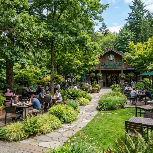 Cozy Starbucks Outdoor Terrace with Lush Greenery