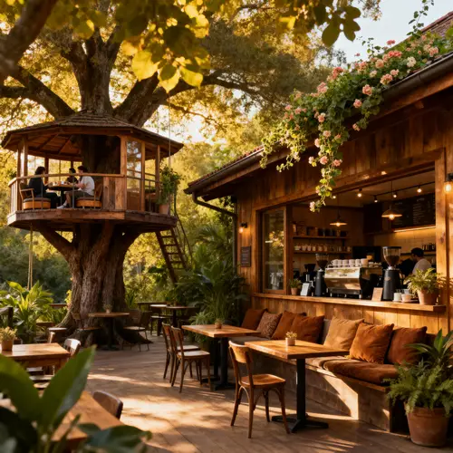 Cozy Coffee Shop Amidst Verdant Greenery