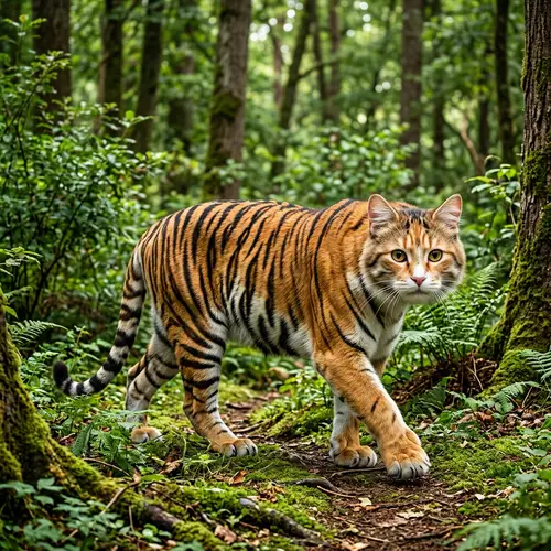 Unique Feline Creature: Cat and Tiger Blend | Exotic Hybrid in Forest