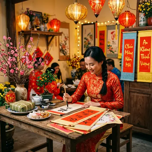Vietnamese Woman Immersing in Tet Festivities | Artwork Focus