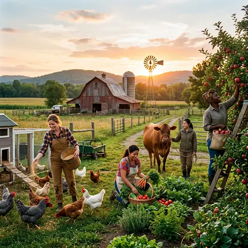 Diverse Women Farming: Corn, Vegetables, Cow, Apples