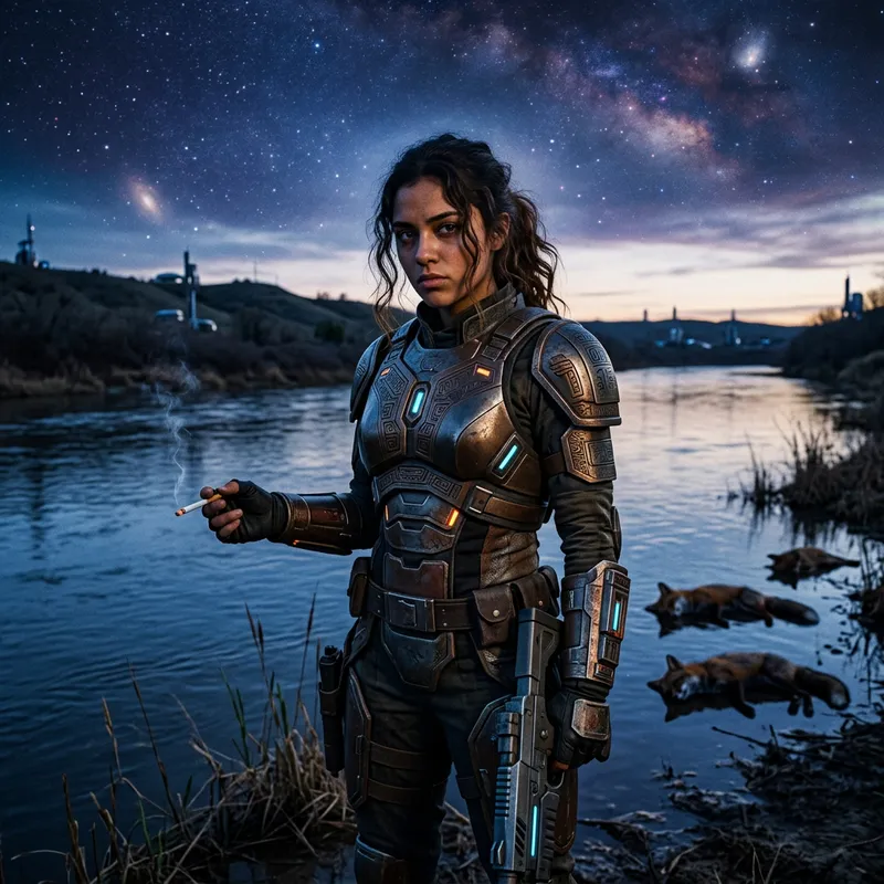 Galactic Warrior Girl in Armor with Blaster & Cosmic Foxes