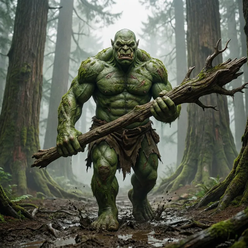 Gigantic Muscular Green Troll Holding Stick | Approaching Viewers