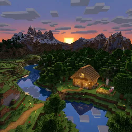 Minecraft Scene: Pixelated Landscape with Wooden House and River
