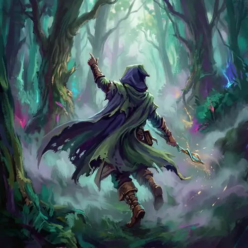 Dynamic Mysterious Figure in Vibrant Misty Forest