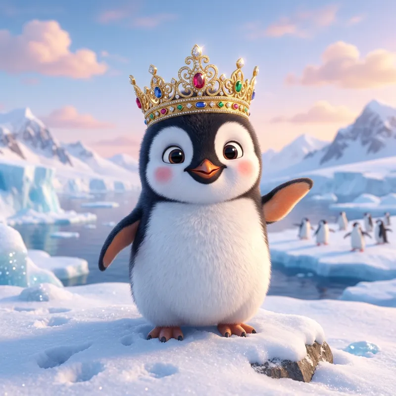 Cute Penguin Wearing Crown - Pixar Style Art