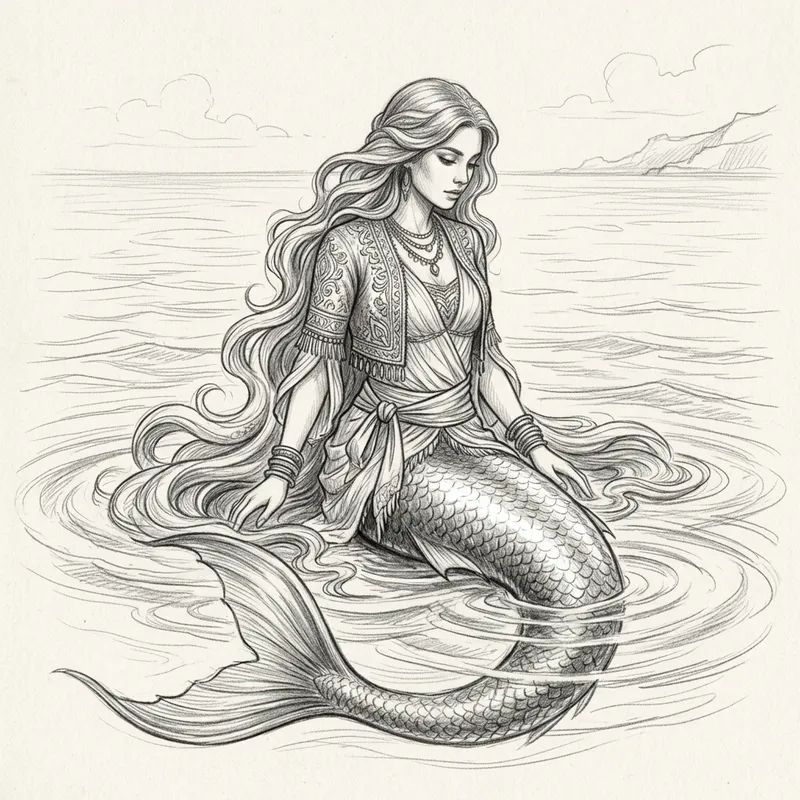 Mermaid Odalisque in Water | Pencil Sketch Art