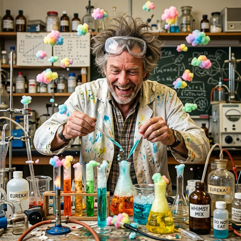 Cheerful Scientist's Whimsical Lab Experiment - Hilarious!
