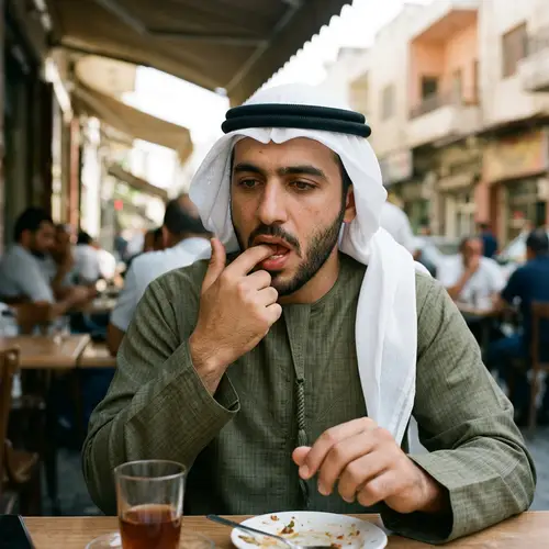 Middle-Eastern Man Placing Hand in Mouth