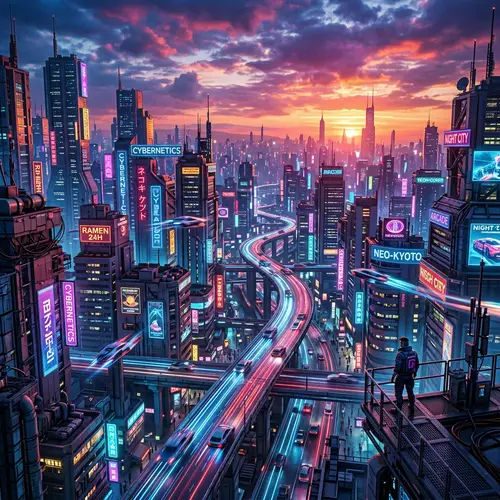 Captivating Cyberpunk Cityscape at Sunset | Futuristic Neon Urban Scene