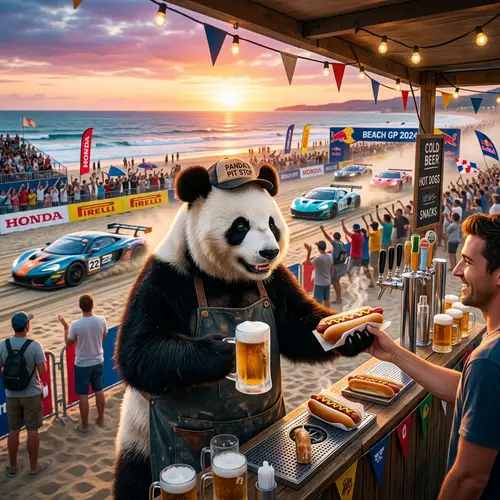 Panda Bear Serving Beer & Hotdogs at Long Beach Grand Prix