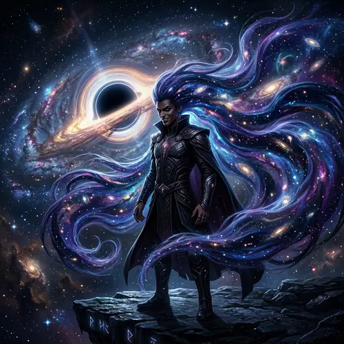 Galactic Universe Gazing Young Man with Blue and Purple Hair