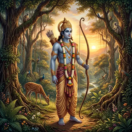 Ancient Indian Epic Ramayana Scene: Tranquil Rama in Mystical Forest