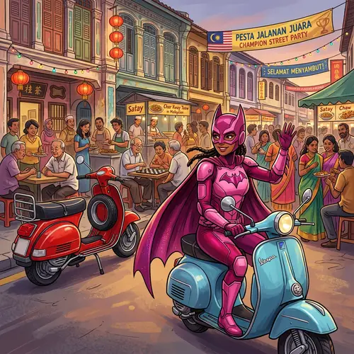 Unique Superhero on Vespa | Vibrant Malaysian Town Scene